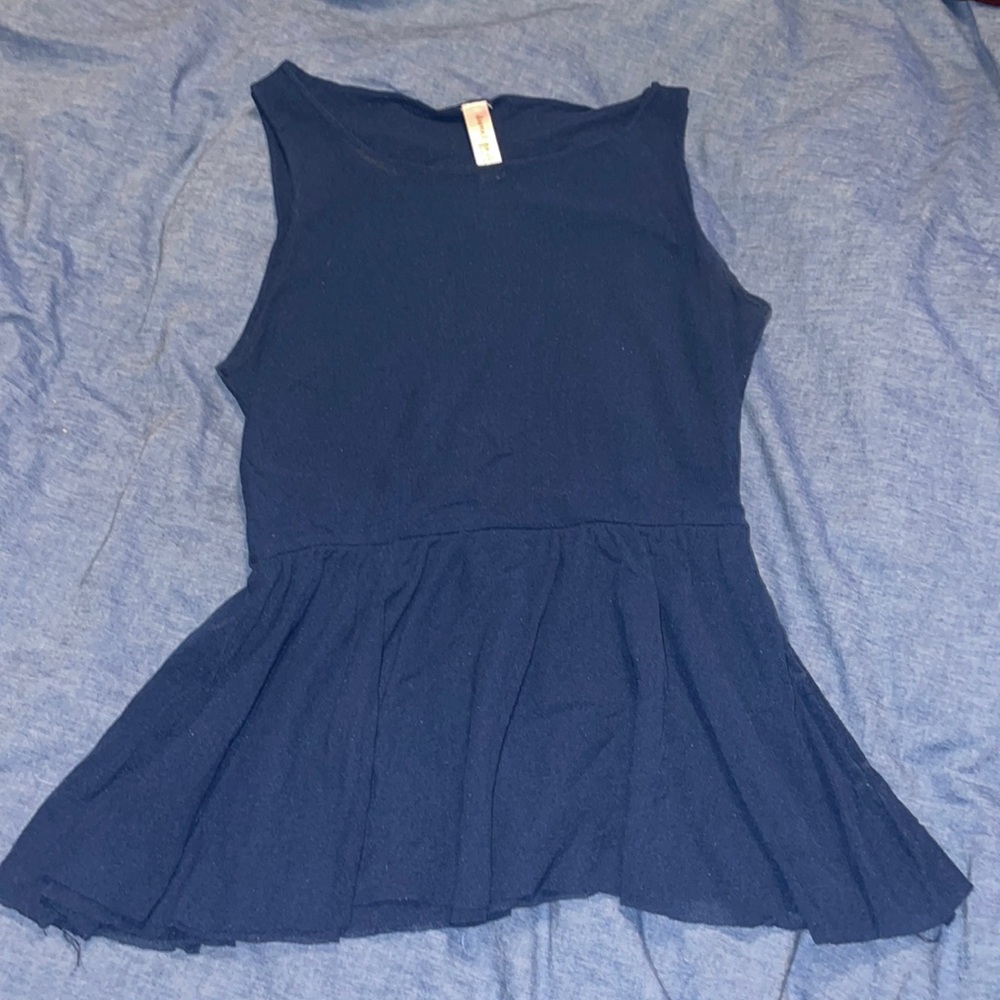 Sweat Pea by Stacey Frati navy blue sheer peplum shirt in size S
